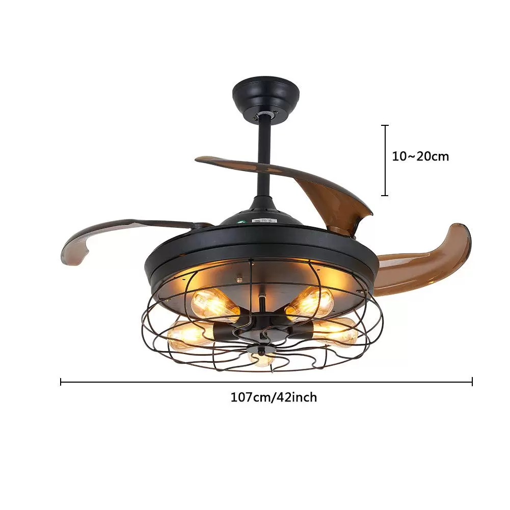 Retro Metal Ceiling Fan with 4 Retractable Blades with Light and Remote Control - Modern Quiet and Small Blades - 108cm Retro Metal Ceiling Fan with 4 Retractable Blades with Light and Remote Control - Modern Quiet and Small Blades - 108cm