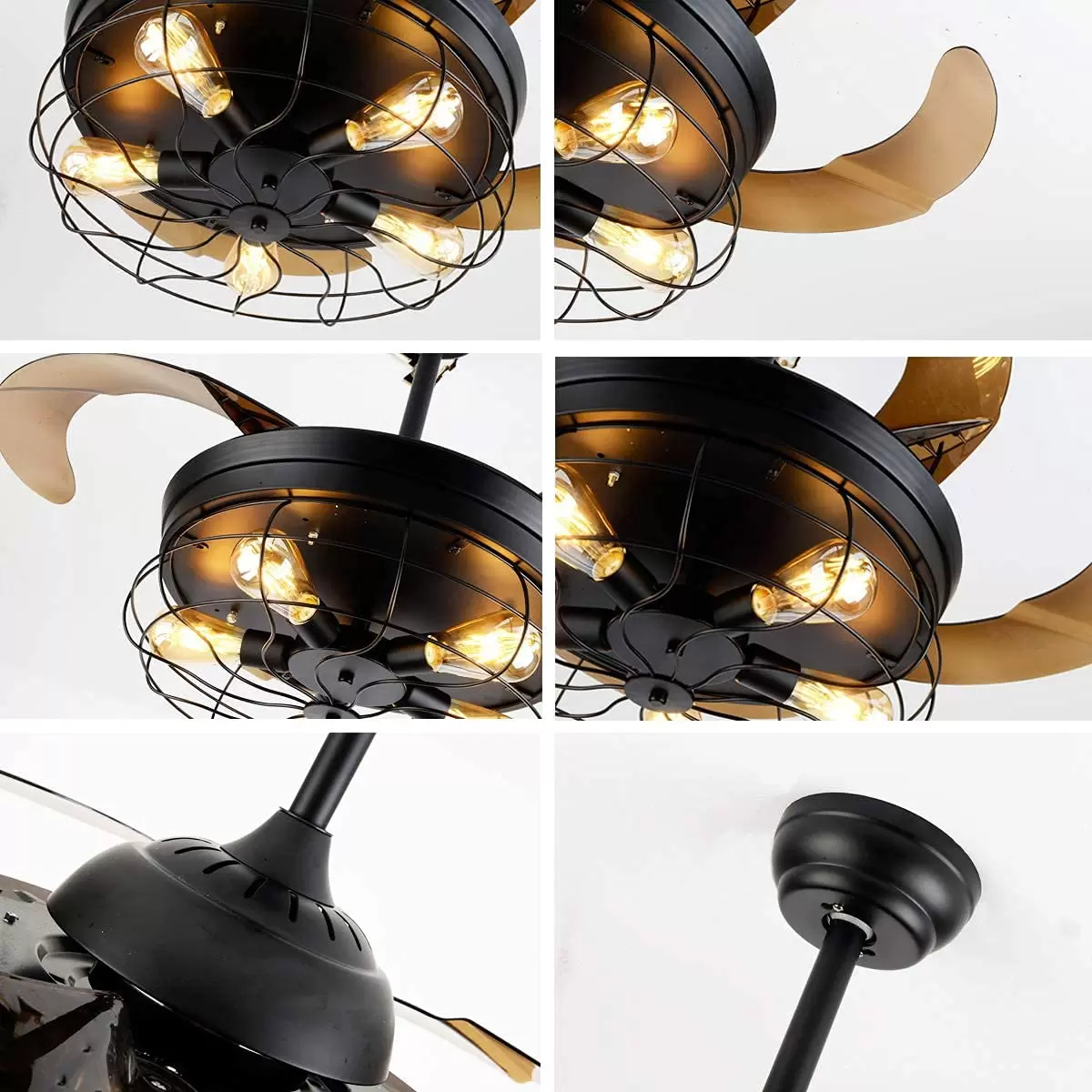Retro Metal Ceiling Fan with 4 Retractable Blades with Light and Remote Control - Modern Quiet and Small Blades - 108cm Retro Metal Ceiling Fan with 4 Retractable Blades with Light and Remote Control - Modern Quiet and Small Blades - 108cm