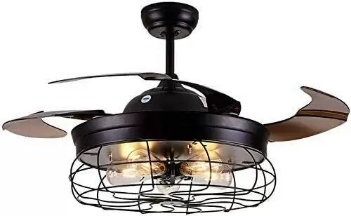 Retro Metal Ceiling Fan with 4 Retractable Blades with Light and Remote Control - Modern Quiet and Small Blades - 108cm