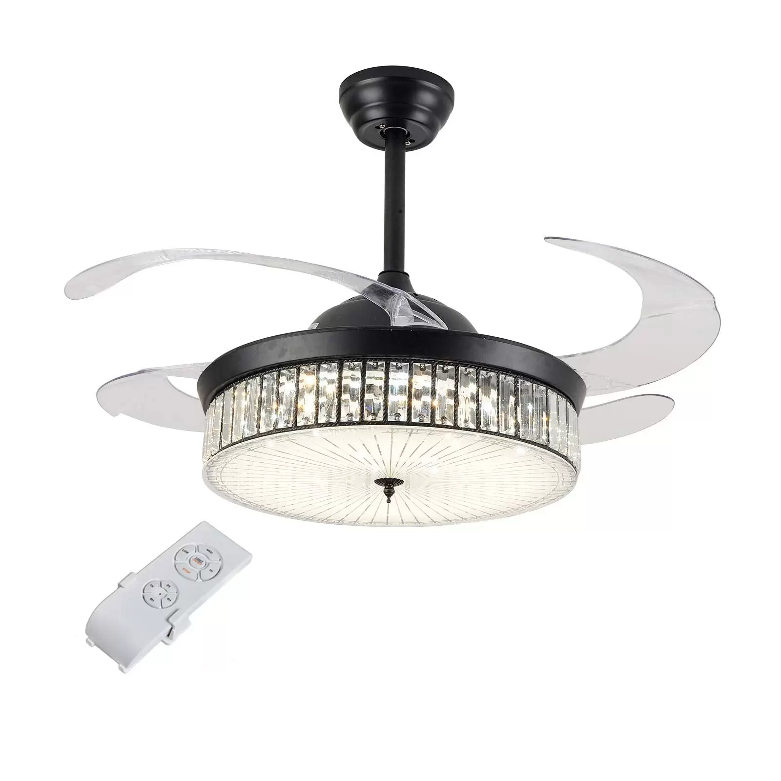 CNCEST 42 Inch Crystal Light Ceiling Fan Mute Remote Control LED Ceiling Fan Three Color Change Luxury Chandelier for Dining Room Bedroom