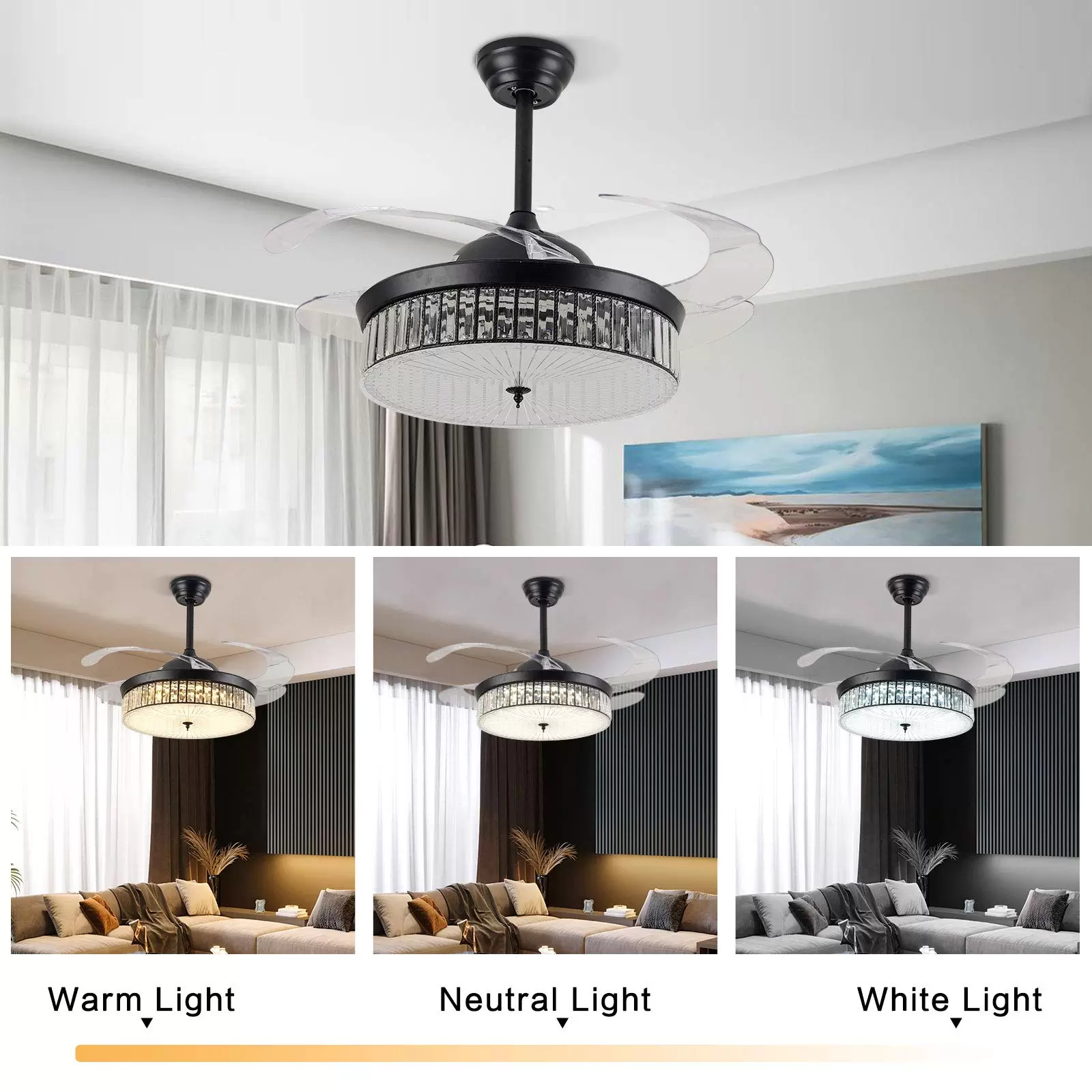 CNCEST 42 Inch Crystal Light Ceiling Fan Mute Remote Control LED Ceiling Fan Three Color Change Luxury Chandelier for Dining Room Bedroom CNCEST 42 Inch Crystal Light Ceiling Fan Mute Remote Control LED Ceiling Fan Three Color Change Luxury Chandelier for Dining Room Bedroom