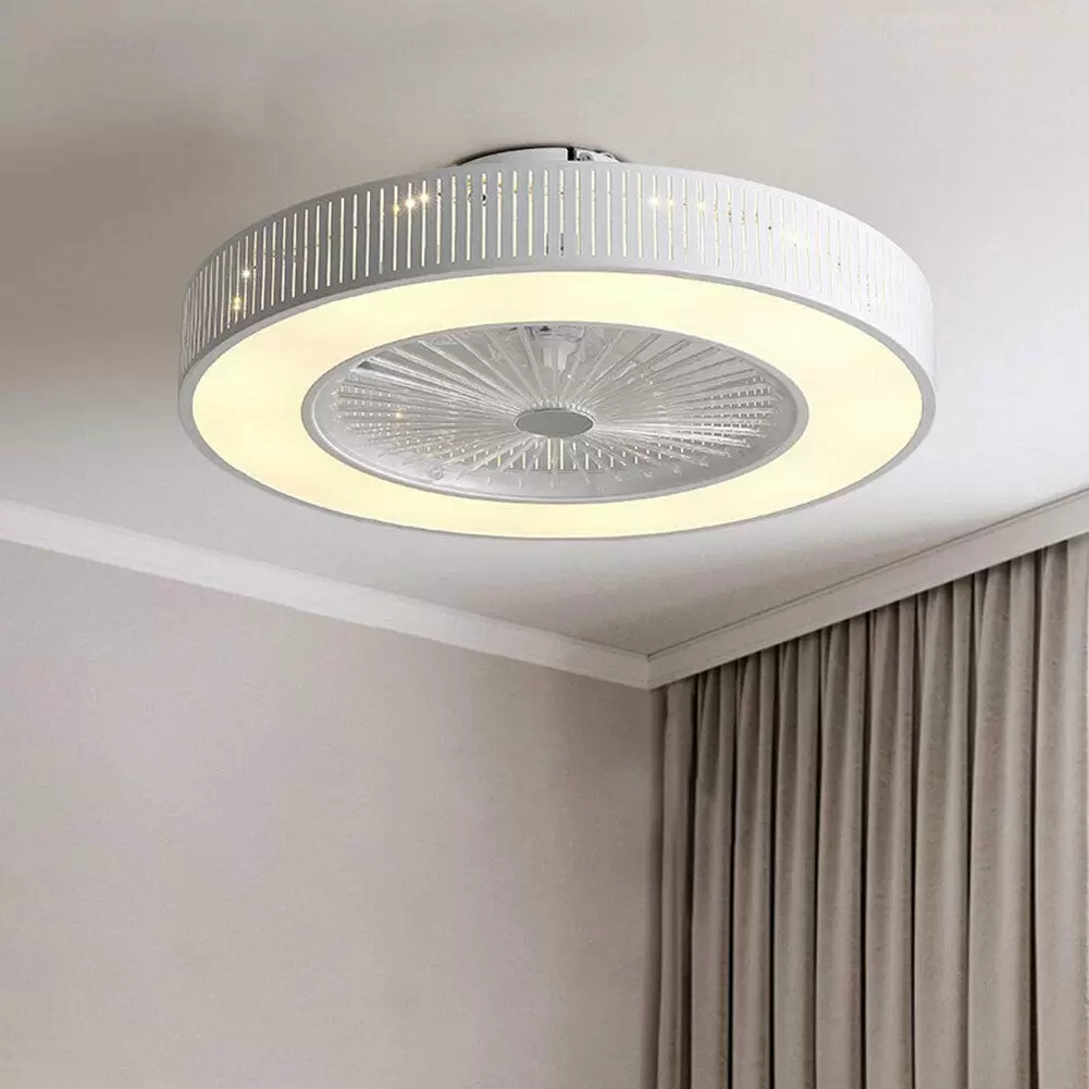 Ceiling Fan with LED Lighting 220V Adjustable Wind Speed Remote Control 32W Modern Lamp for Bedroom Office (Hollow)