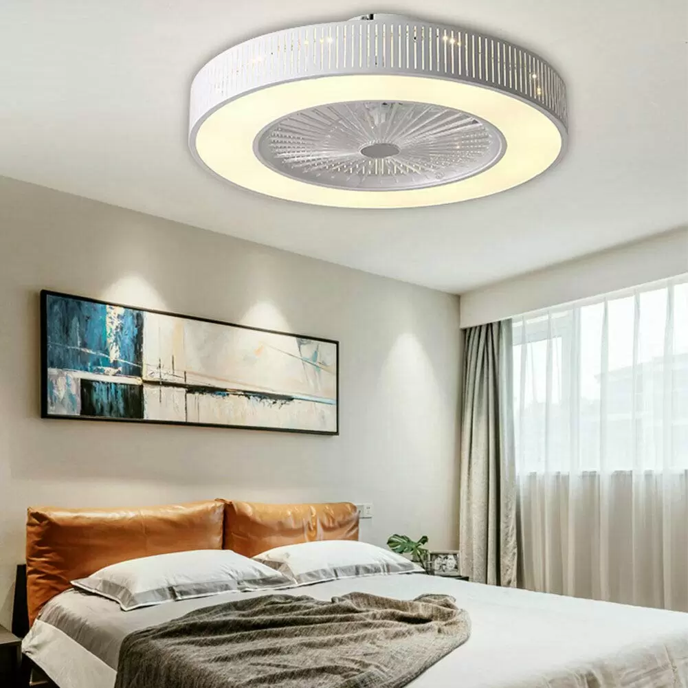 Ceiling Fan with LED Lighting 220V Adjustable Wind Speed Remote Control 32W Modern Lamp for Bedroom Office (Hollow)