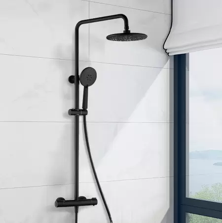 Black shower system with thermostat - 3-function hand shower and shower bar - height adjustable