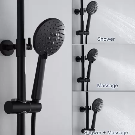 Black shower system with thermostat - 3-function hand shower and shower bar - height adjustable