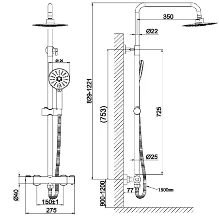 Black shower system with thermostat - 3-function hand shower and shower bar - height adjustable