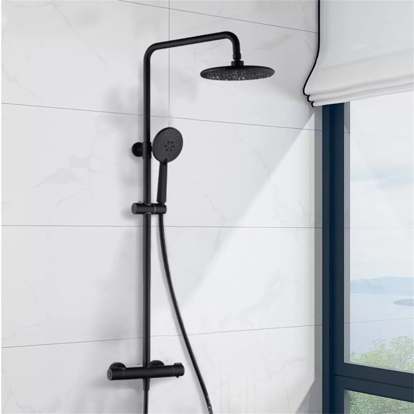 Black shower system with thermostat - 3-function hand shower and shower bar - height adjustable