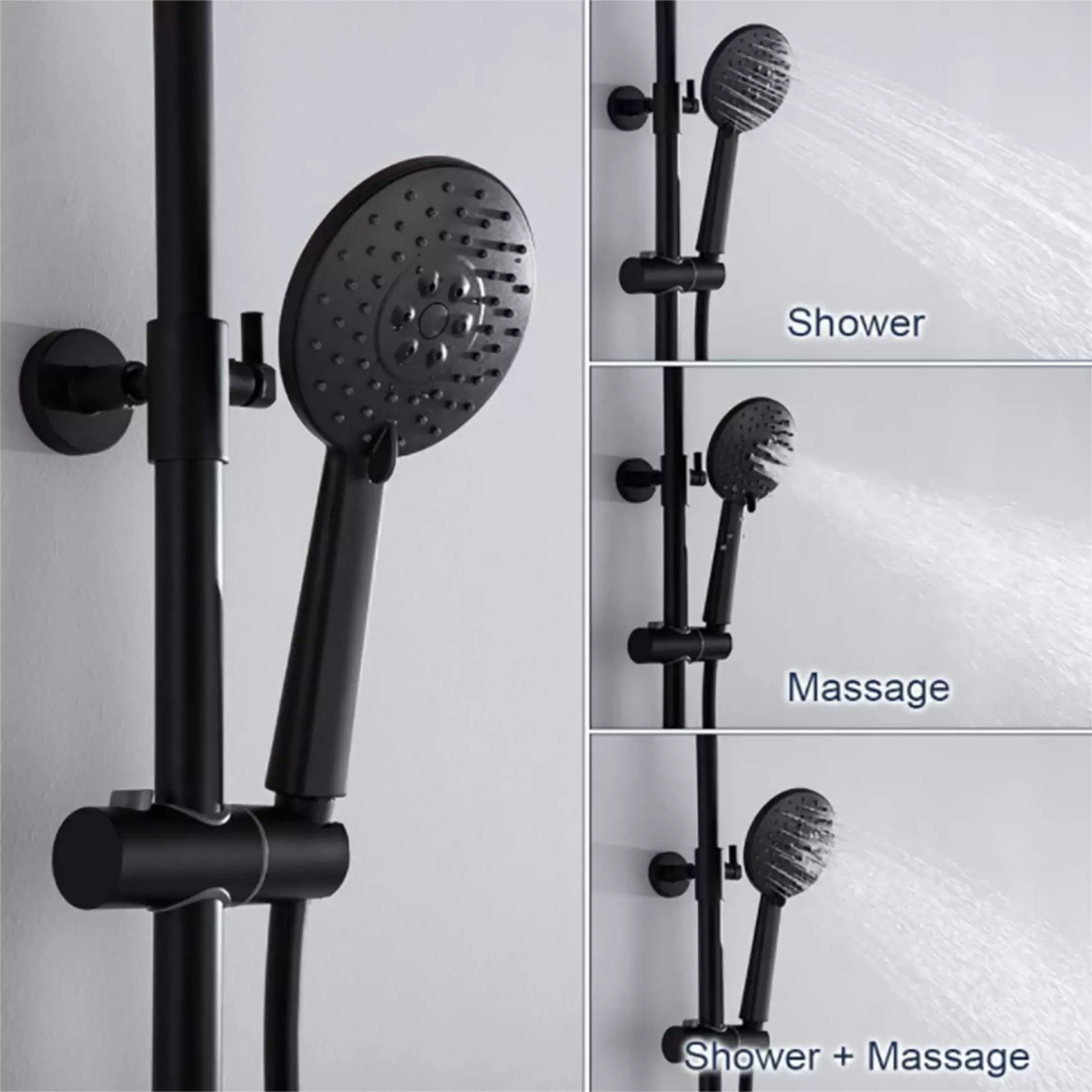 Black shower system with thermostat - 3-function hand shower and shower bar - height adjustable