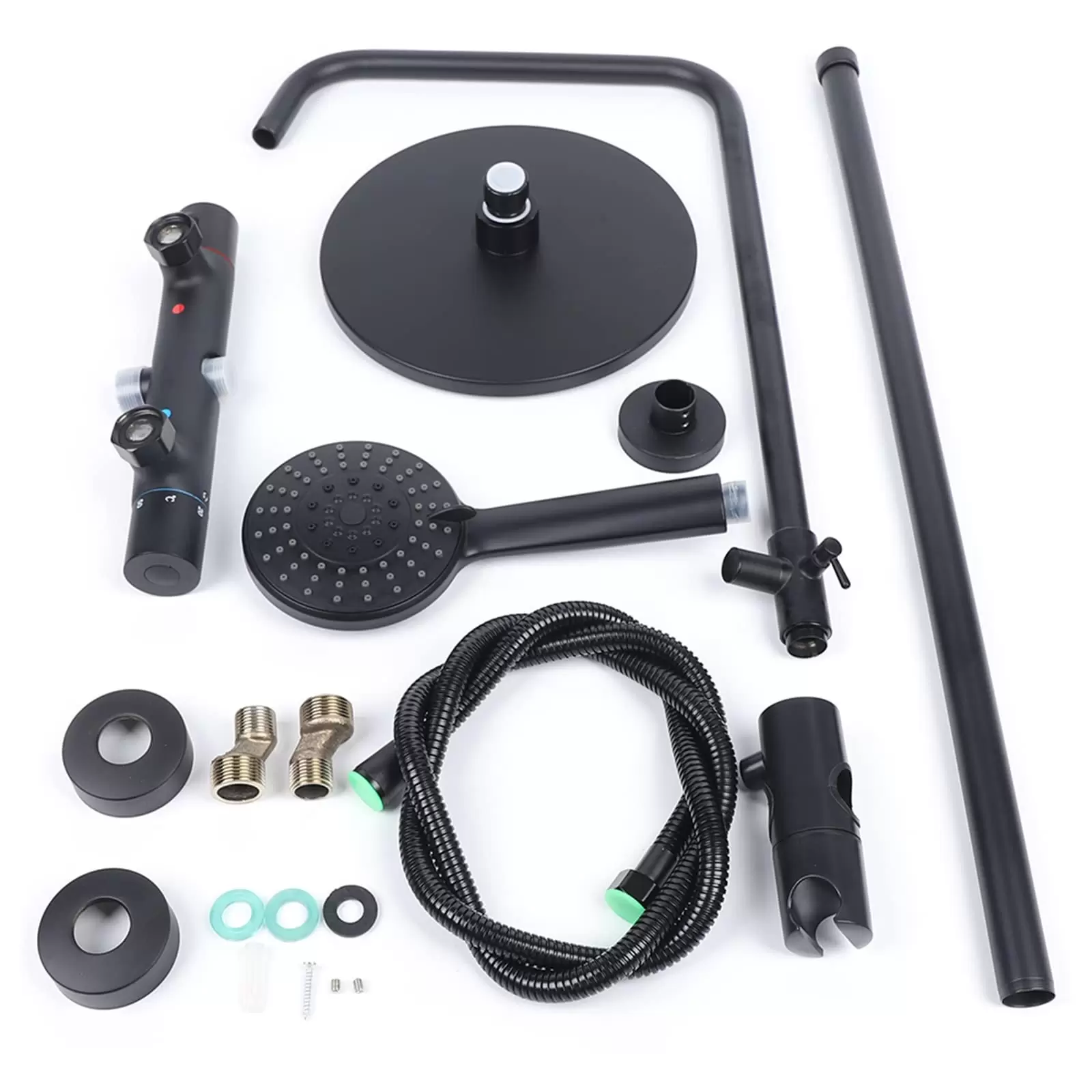 Black shower system with thermostat - 3-function hand shower and shower bar - height adjustable Black shower system with thermostat - 3-function hand shower and shower bar - height adjustable