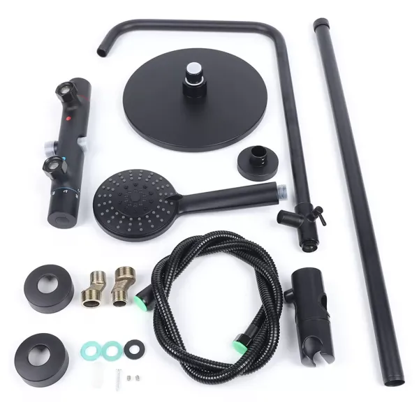 Black shower system with thermostat - 3-function hand shower and shower bar - height adjustable