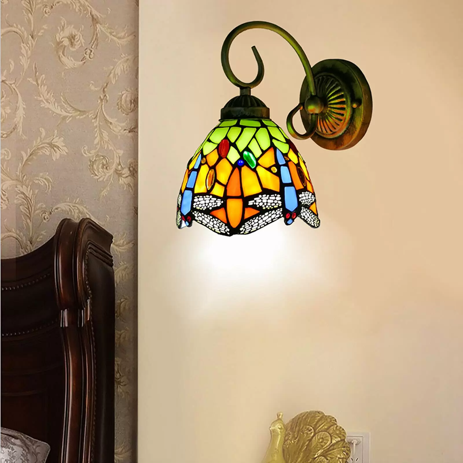 Colored glass LED wall light for hallway - dragonfly light - front lighting E27 Gallery Passage wall light