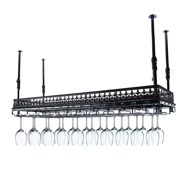 47.2in Metal Ceiling Shelf Retro Style Ceiling Mounted Wine Rack and Glass Holder Adjustable Wine Glass Rack Holder for Bar Black / Vintage Copper