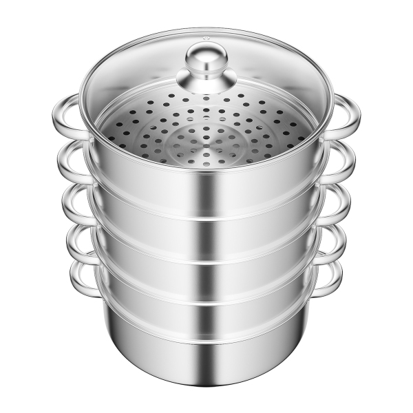 5-Tier Stainless Steel Steamer Multi-Function Steamer with Glass Lid 28cm Compatible With Gas Ovens Stovetops Induction 11*17.71 in Silver