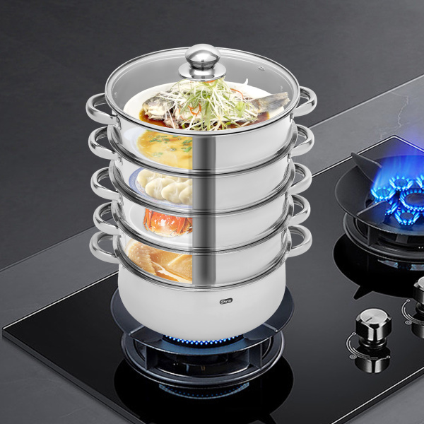 5-Tier Stainless Steel Steamer Multi-Function Steamer with Glass Lid 28cm Compatible With Gas Ovens Stovetops Induction 11*17.71 in Silver