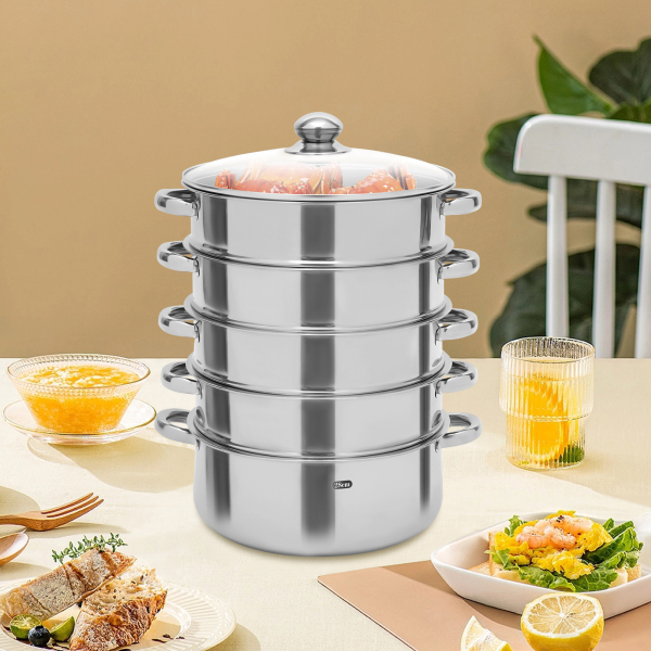 5-Tier Stainless Steel Steamer Multi-Function Steamer with Glass Lid 28cm Compatible With Gas Ovens Stovetops Induction 11*17.71 in Silver
