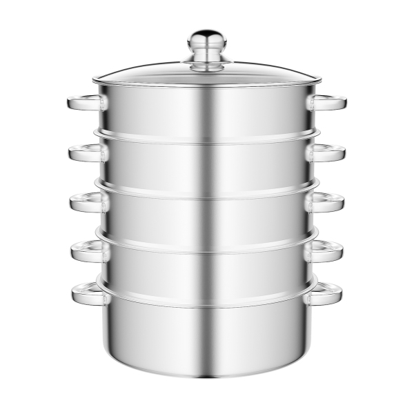5-Tier Stainless Steel Steamer Multi-Function Steamer with Glass Lid 28cm Compatible With Gas Ovens Stovetops Induction 11*17.71 in Silver