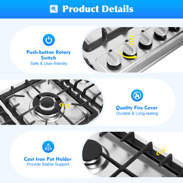 5 Zone Gas Cooktop - 13.25 Inch 5 Burner Camping Stove - Gas/Electric Stove/Gas Stove/Gas Stove/Natural Gas