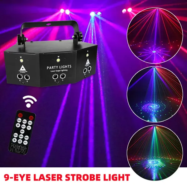 9-Eyes Laser LED RGB Light Strobe Lighting DJ Projector Disco Stage Light with LED Display Multi-functional Remote Control Anti-slip Feet