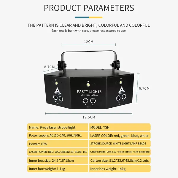 9-Eyes Laser LED RGB Light Strobe Lighting DJ Projector Disco Stage Light with LED Display Multi-functional Remote Control Anti-slip Feet