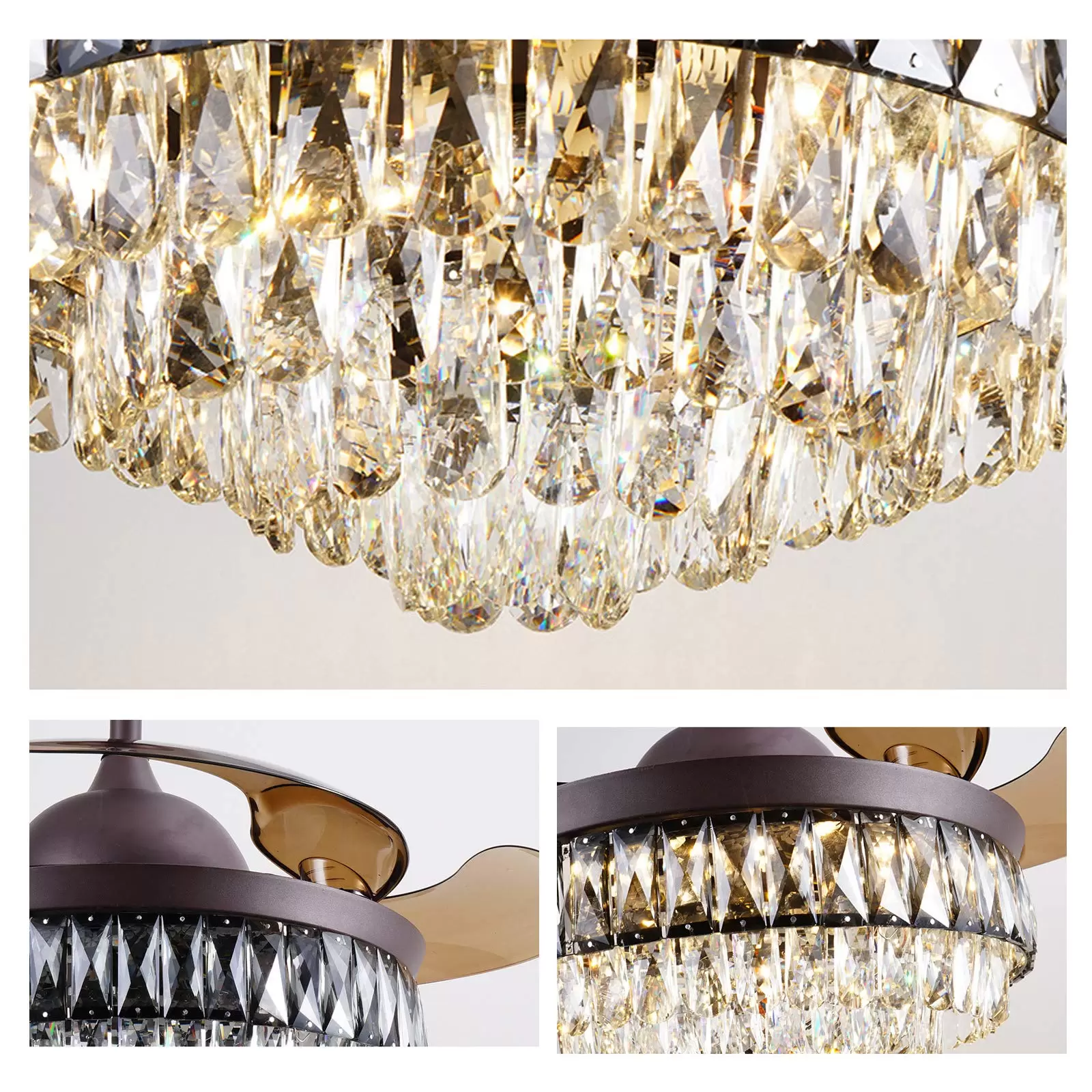 Retro Ceiling Light with Crystal Ceiling Fan  42" Dimmable Ceiling Light Retractable Ceiling Light Lighting with Remote Control