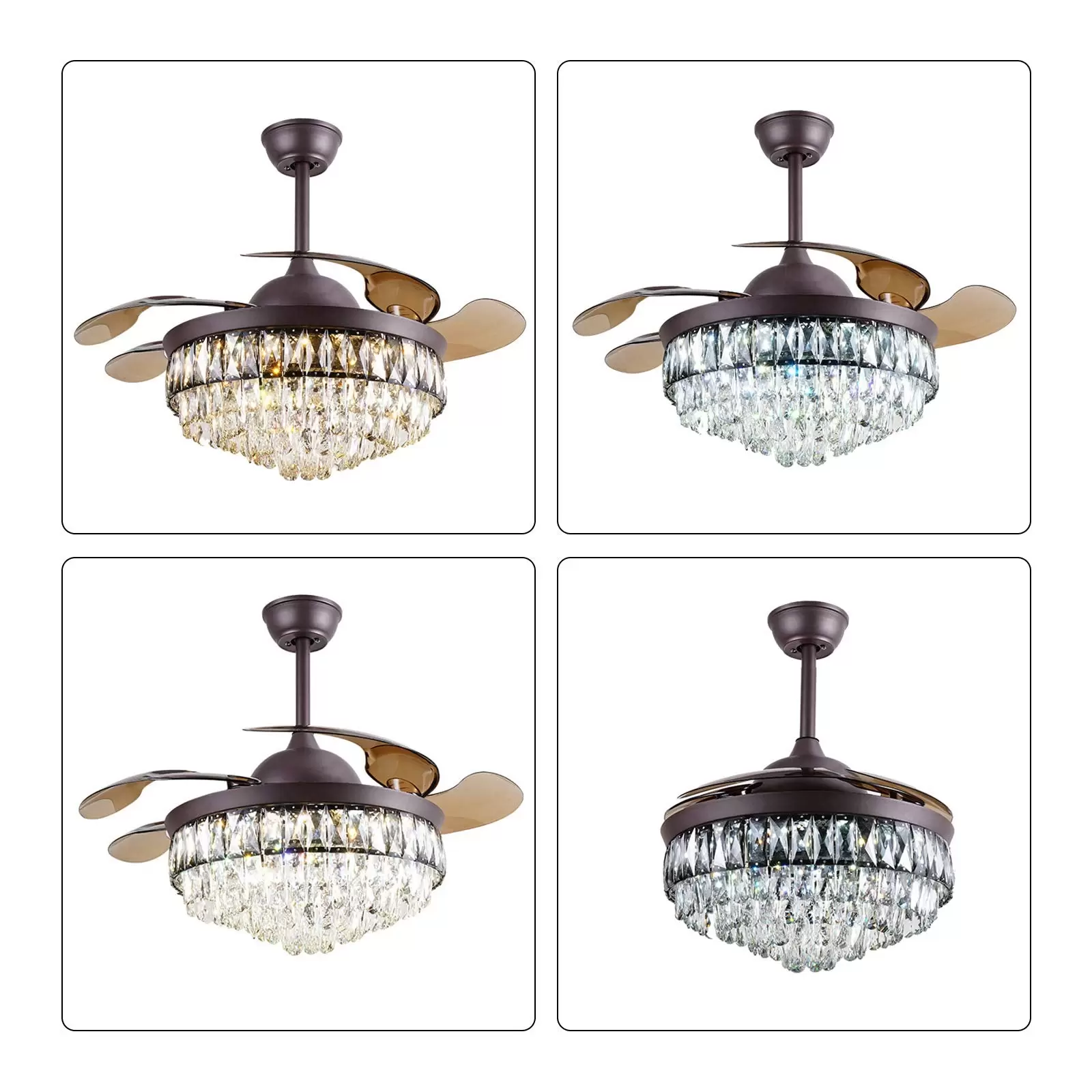 Retro Ceiling Light with Crystal Ceiling Fan  42" Dimmable Ceiling Light Retractable Ceiling Light Lighting with Remote Control