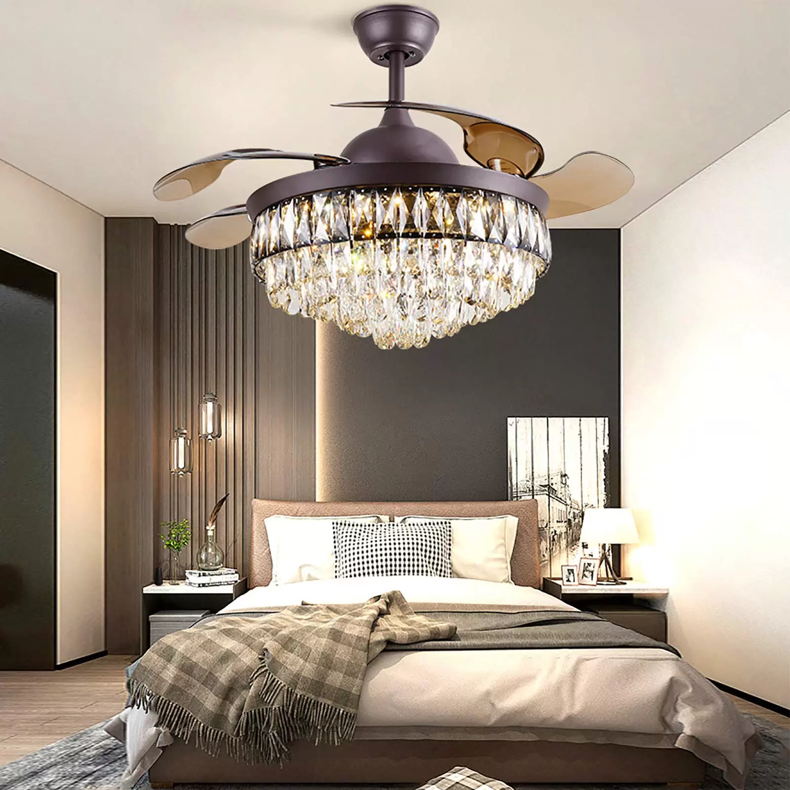 Retro Ceiling Light with Crystal Ceiling Fan  42" Dimmable Ceiling Light Retractable Ceiling Light Lighting with Remote Control