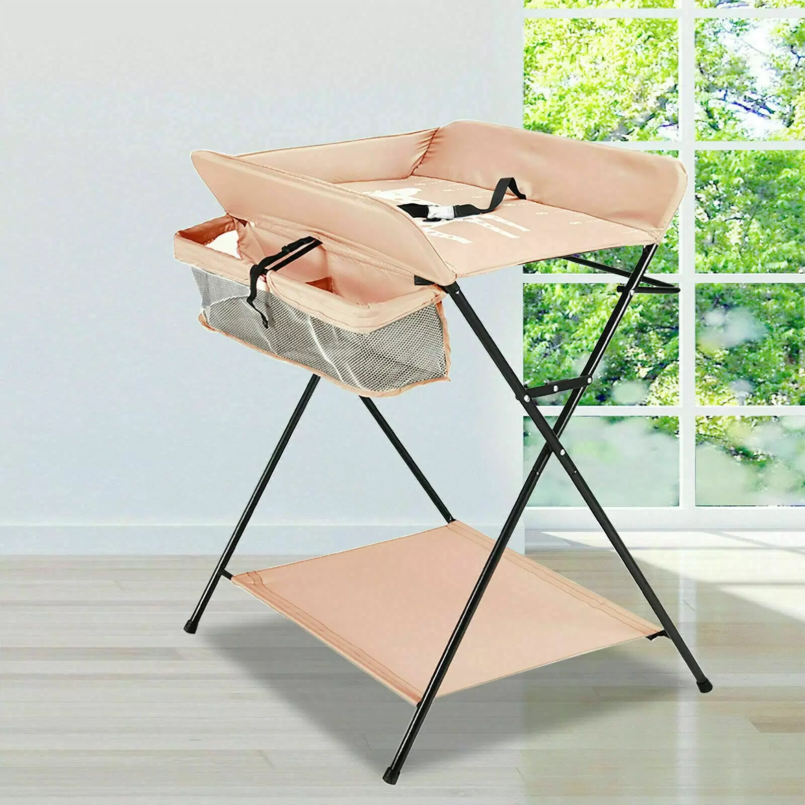 Foldable Baby Changing Table with Storage Compartments, Safety Belt, Can Be Used as a Changing Table (Khaki Without Wheels)