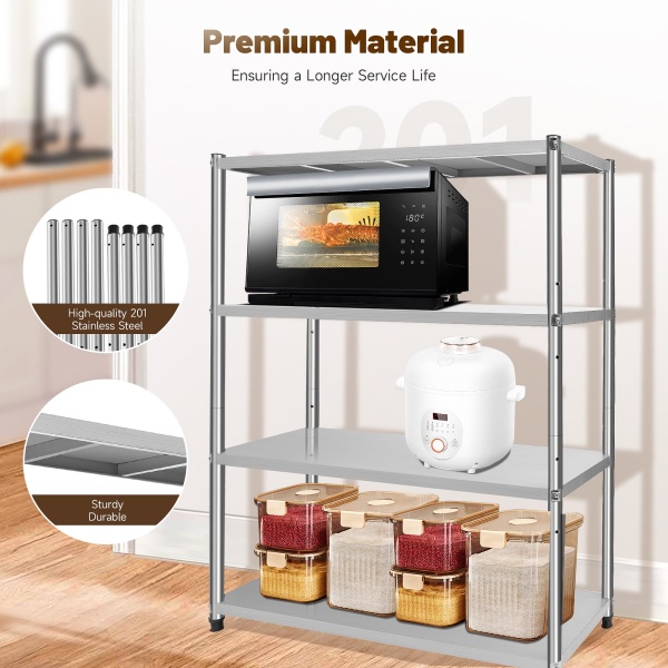 47.24x15.74x59.05in 4-Tier Kitchen Shelf Stainless Steel Shelf with Thickened Plate 4 Column Foot for Kitchen Restaurant