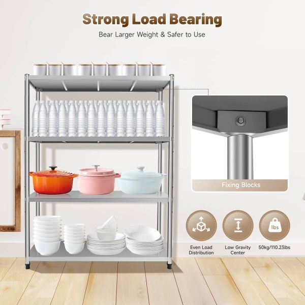 47.24x15.74x59.05in 4-Tier Kitchen Shelf Stainless Steel Shelf with Thickened Plate 4 Column Foot for Kitchen Restaurant