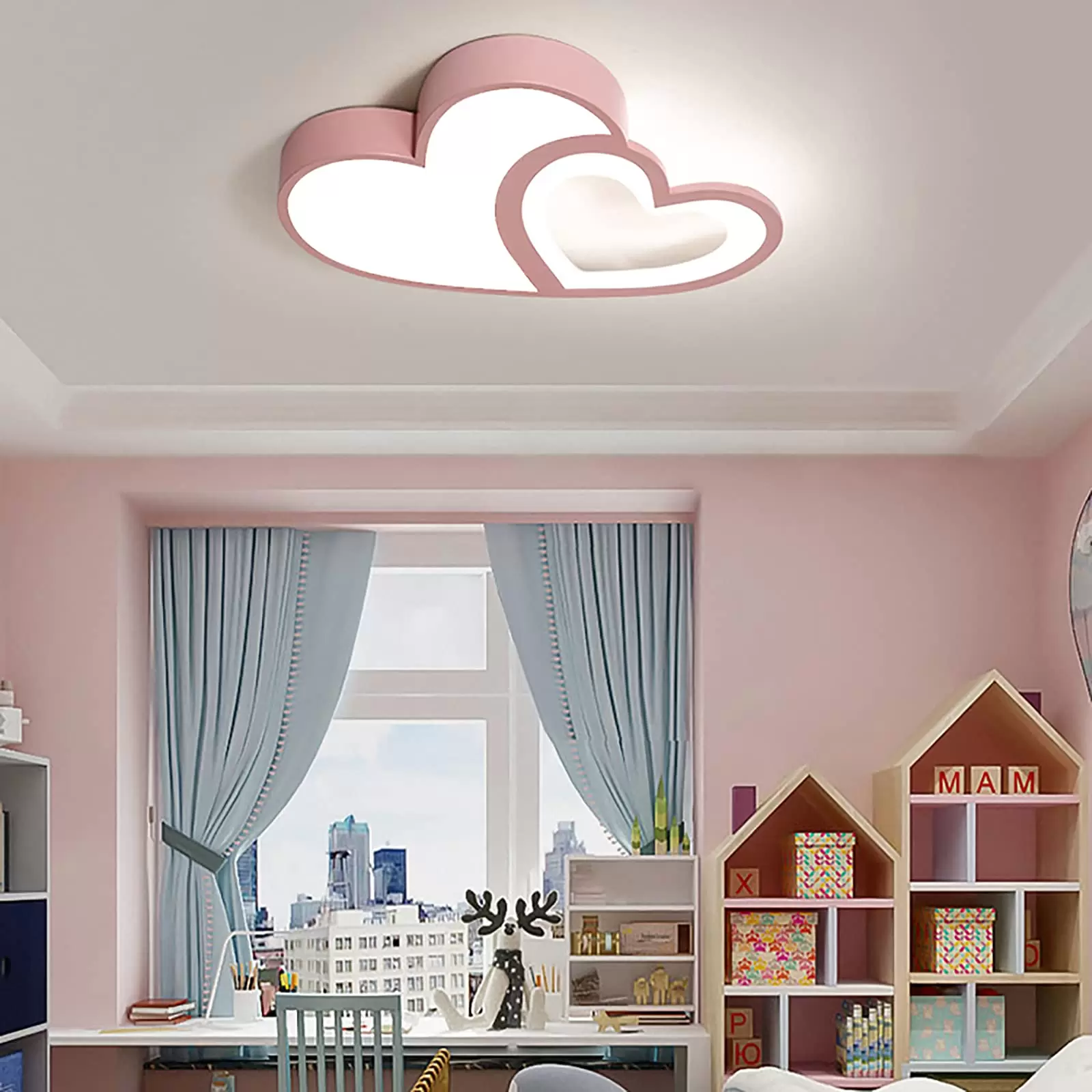 Modern Baby Ceiling Light with Remote Control Dimmable Nursery Acrylic Decorative Lampshade Bedroom Pink Chandelier 55Cm Pink
