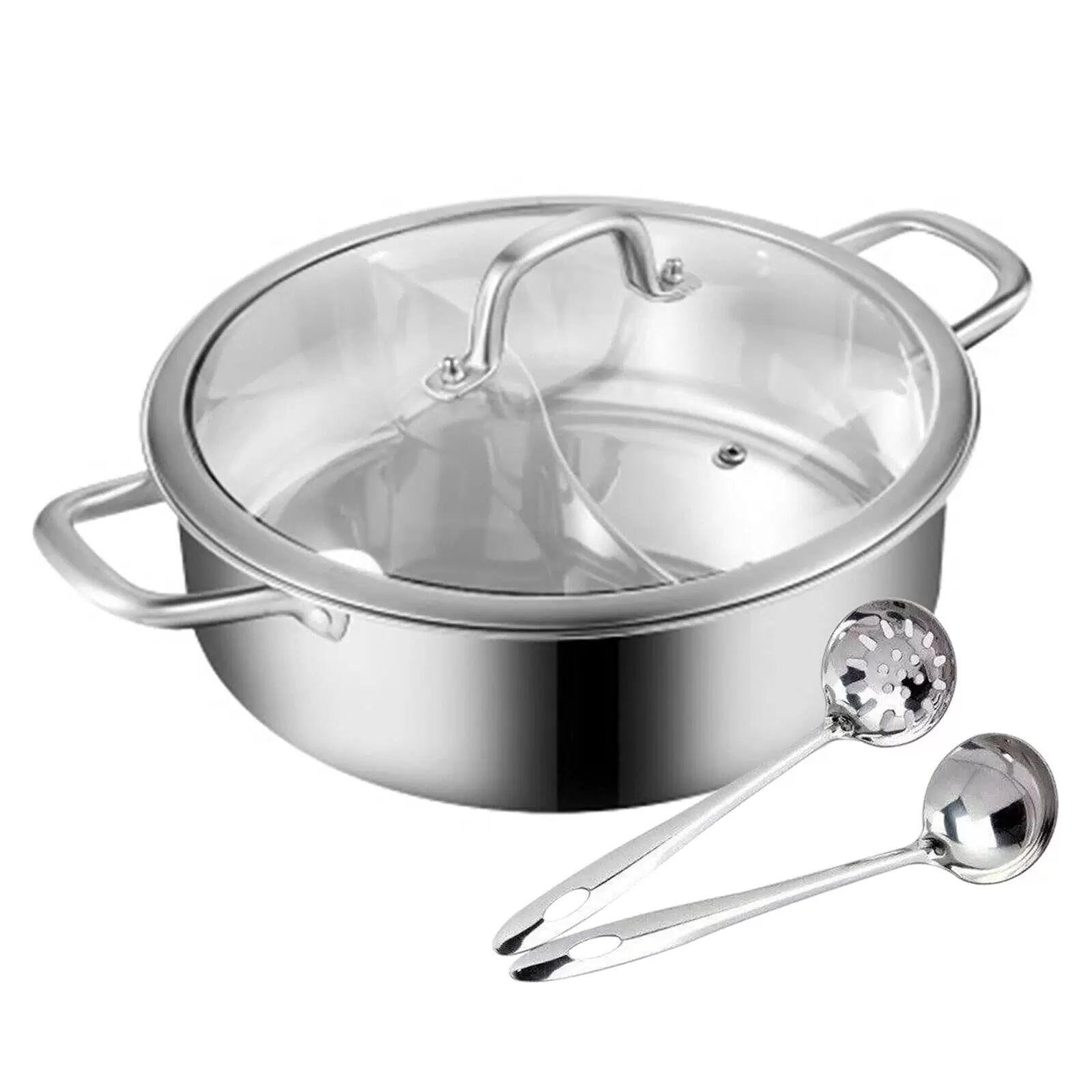 Yin Yang Hotpot 32cm Stainless Steel for Gas Hob, 2 Soups and 1 Thick Tempered Glass Lid