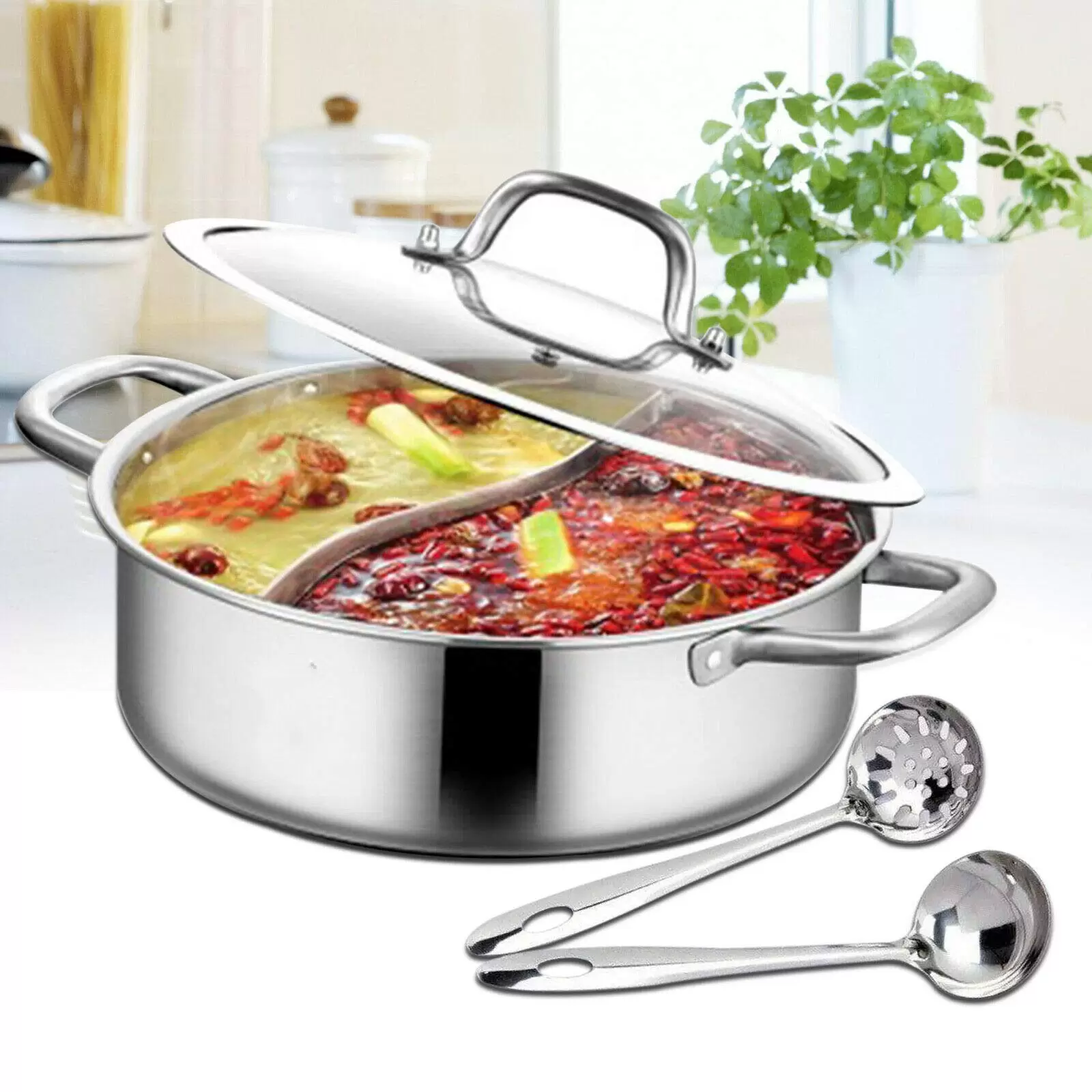 Yin Yang Hotpot 32cm Stainless Steel for Gas Hob, 2 Soups and 1 Thick Tempered Glass Lid
