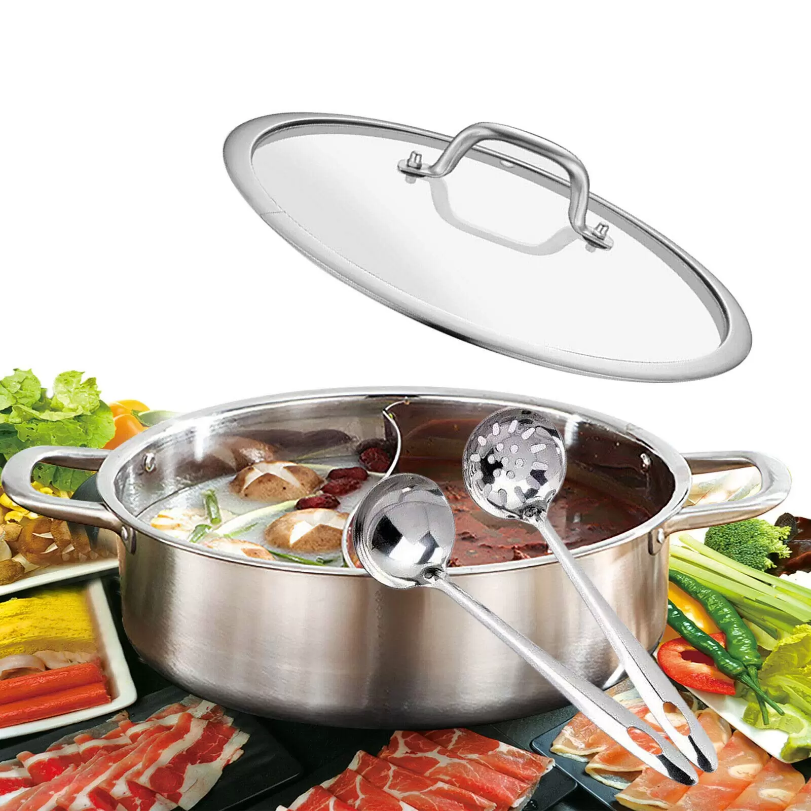 Yin Yang Hotpot 32cm Stainless Steel for Gas Hob, 2 Soups and 1 Thick Tempered Glass Lid Yin Yang Hotpot 32cm Stainless Steel for Gas Hob, 2 Soups and 1 Thick Tempered Glass Lid