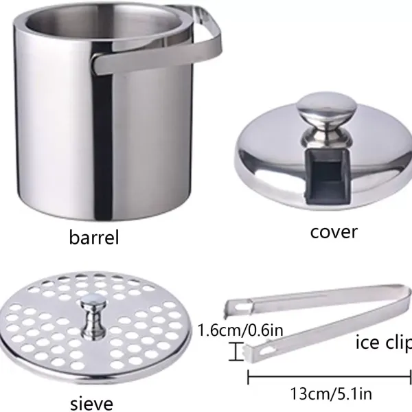 Stainless steel ice bucket - Ice bucket with lid and clamp - 1.3 l - Double-deck ice bucket for easy cooling