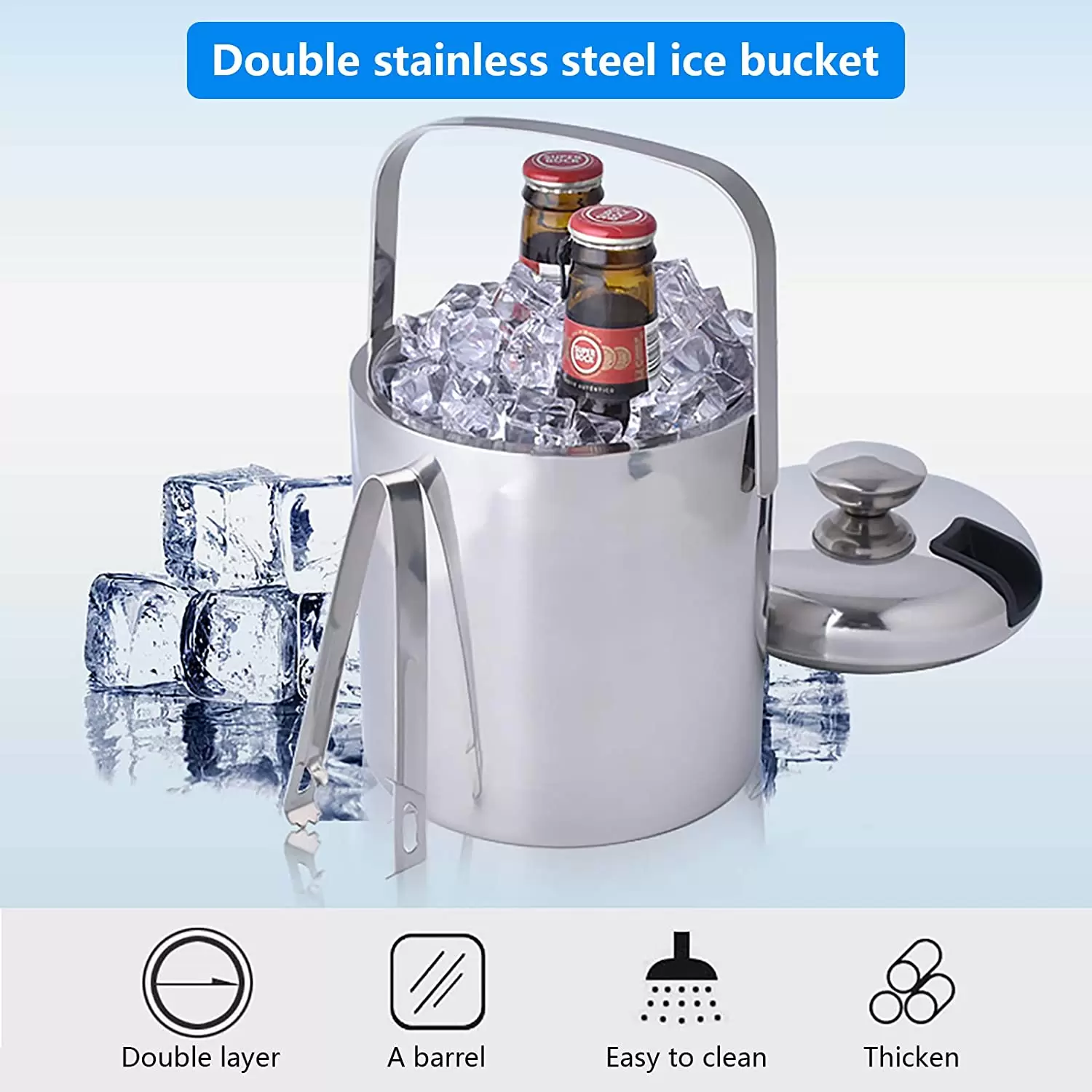 Stainless steel ice bucket - Ice bucket with lid and clamp - 1.3 l - Double-deck ice bucket for easy cooling