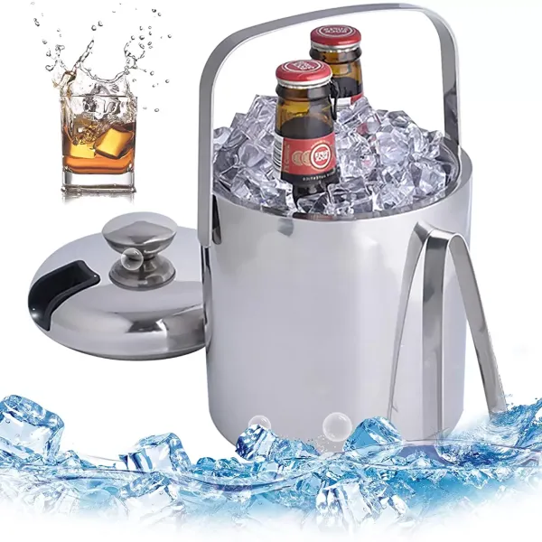 Stainless steel ice bucket - Ice bucket with lid and clamp - 1.3 l - Double-deck ice bucket for easy cooling