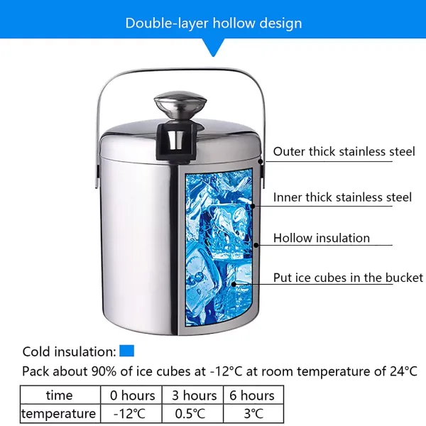 Stainless steel ice bucket - Ice bucket with lid and clamp - 1.3 l - Double-deck ice bucket for easy cooling