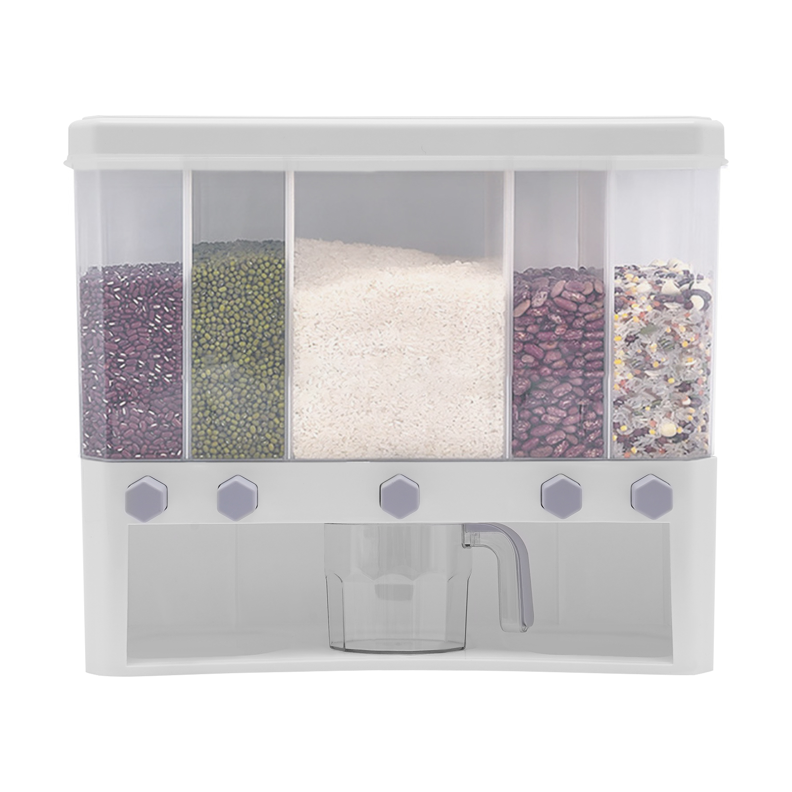 5 Compartment Cereal Mixing Jar with Cup, Grain Barrel, 5 Compartments, Well Sealed