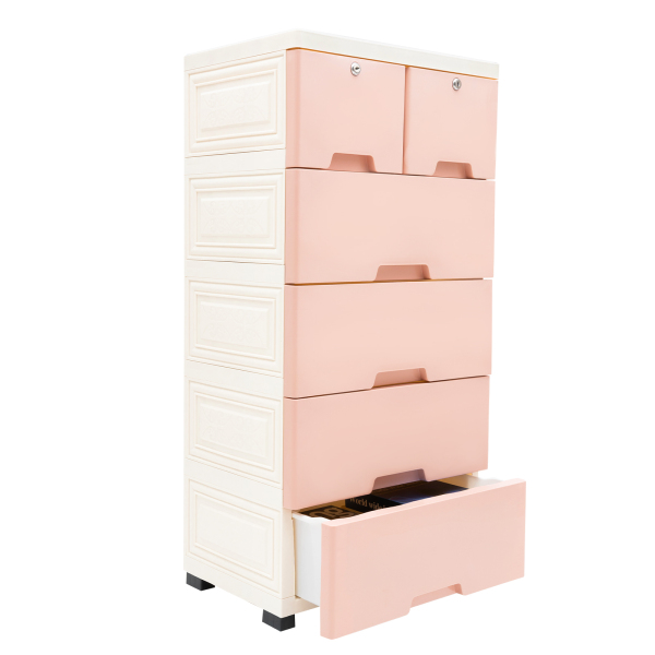 Plastic Bedside Chest With 6 Drawers With 4 Home Wheels Used In The Bedroom Living Room Study Dressing Room 39.7 X 33.8 X 13.8 X 40cm Pink