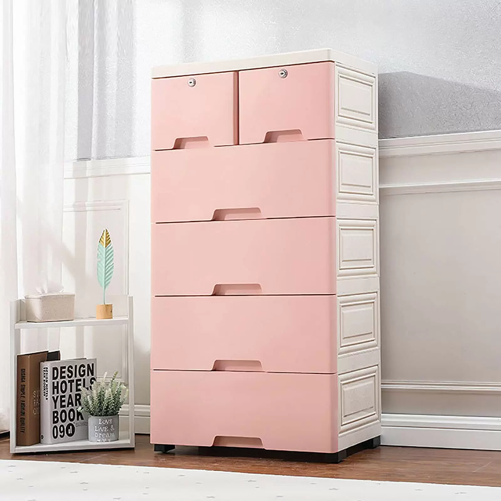 Plastic Bedside Chest With 6 Drawers With 4 Home Wheels Used In The Bedroom Living Room Study Dressing Room 39.7 X 33.8 X 13.8 X 40cm Pink Plastic Bedside Chest With 6 Drawers With 4 Home Wheels Used In The Bedroom Living Room Study Dressing Room 39.7 X 33.8 X 13.8 X 40cm Pink