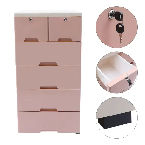 Plastic Bedside Chest With 6 Drawers With 4 Home Wheels Used In The Bedroom Living Room Study Dressing Room 39.7 X 33.8 X 13.8 X 40cm Pink