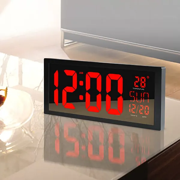 36.5 x 15 x 4.5 cm, LED Digital Clock, Red Wall Clock with Date and Temperature, Calendar 12H Display