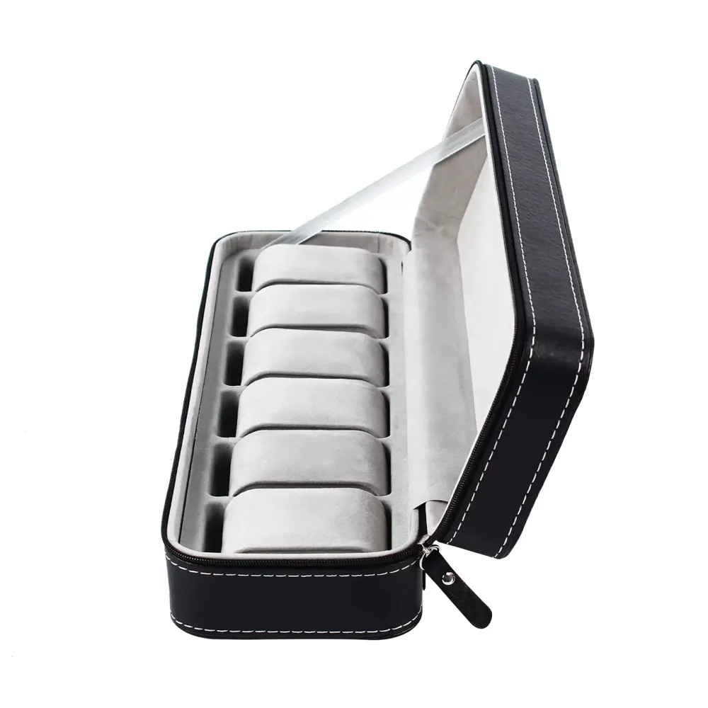 Watch Storage Box 6 Slots Zipper Portable Travel PU Leather Flannel Watch Organizer Box Watch Case For The Bedroom 13*4.33*2.95in Black