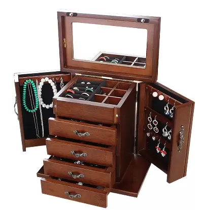 Wooden Jewelry Armoire with 5 Brown Drawers Built-in Mirror Design 2 Doors Storage Box Gift