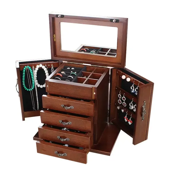Wooden Jewelry Armoire with 5 Brown Drawers Built-in Mirror Design 2 Doors Storage Box Gift Wooden Jewelry Armoire with 5 Brown Drawers Built-in Mirror Design 2 Doors Storage Box Gift
