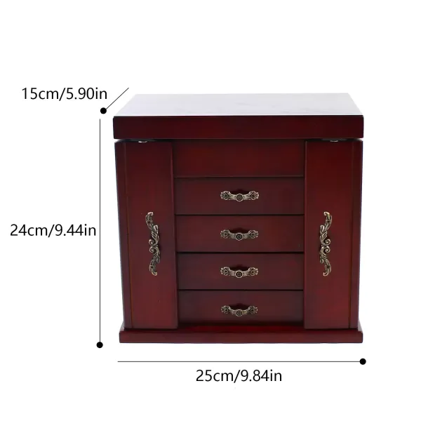 Wooden Jewelry Armoire with 5 Brown Drawers Built-in Mirror Design 2 Doors Storage Box Gift