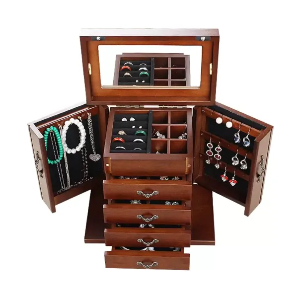 Wooden Jewelry Armoire with 5 Brown Drawers Built-in Mirror Design 2 Doors Storage Box Gift Wooden Jewelry Armoire with 5 Brown Drawers Built-in Mirror Design 2 Doors Storage Box Gift