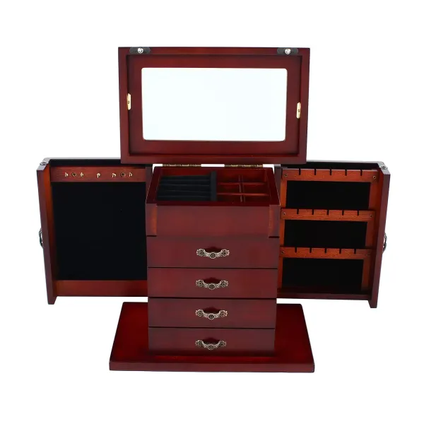 Wooden Jewelry Armoire with 5 Brown Drawers Built-in Mirror Design 2 Doors Storage Box Gift Wooden Jewelry Armoire with 5 Brown Drawers Built-in Mirror Design 2 Doors Storage Box Gift