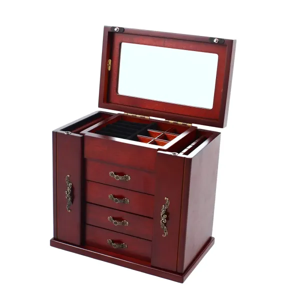 Wooden Jewelry Armoire with 5 Brown Drawers Built-in Mirror Design 2 Doors Storage Box Gift