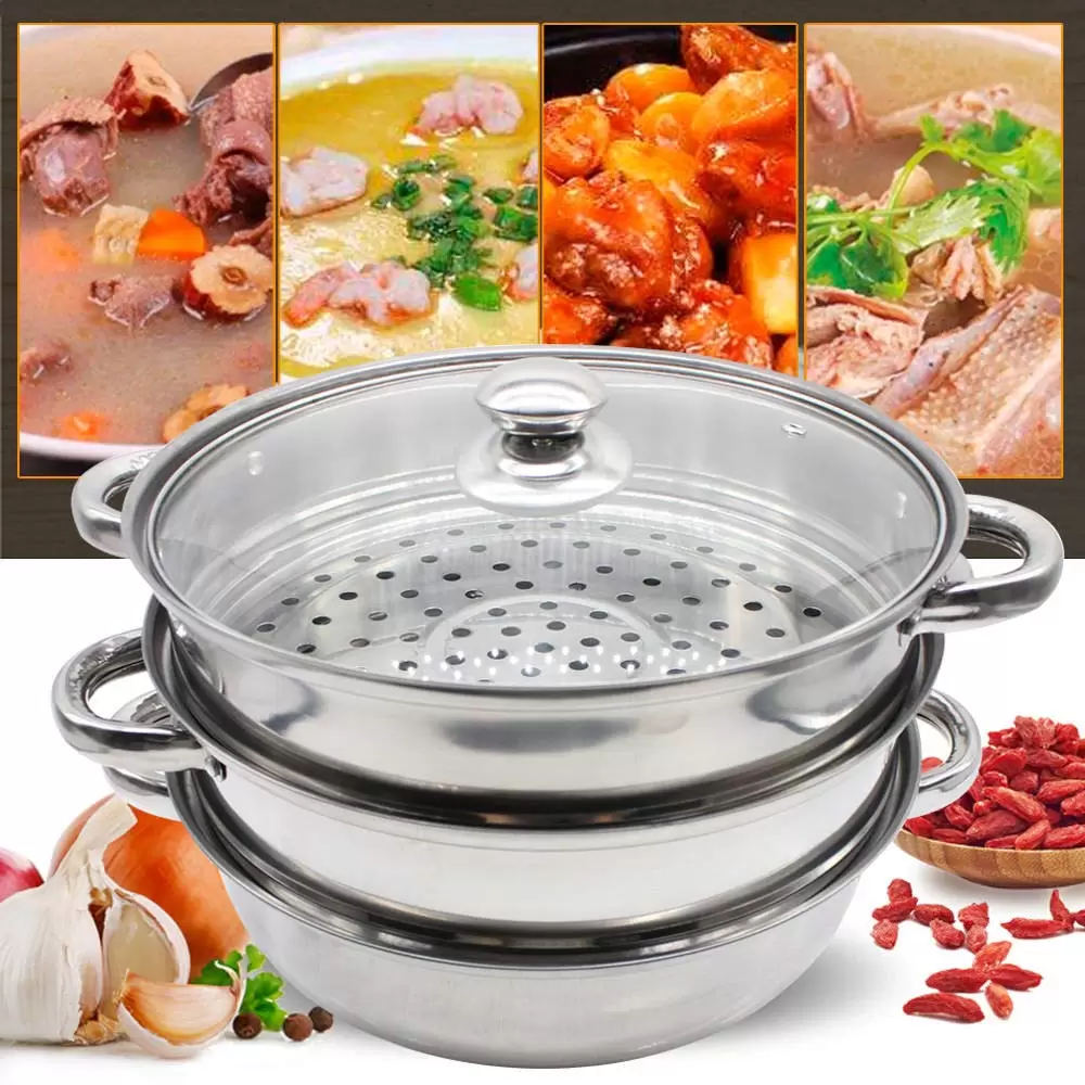 Stainless steel steamer with glass lid - 3 levels